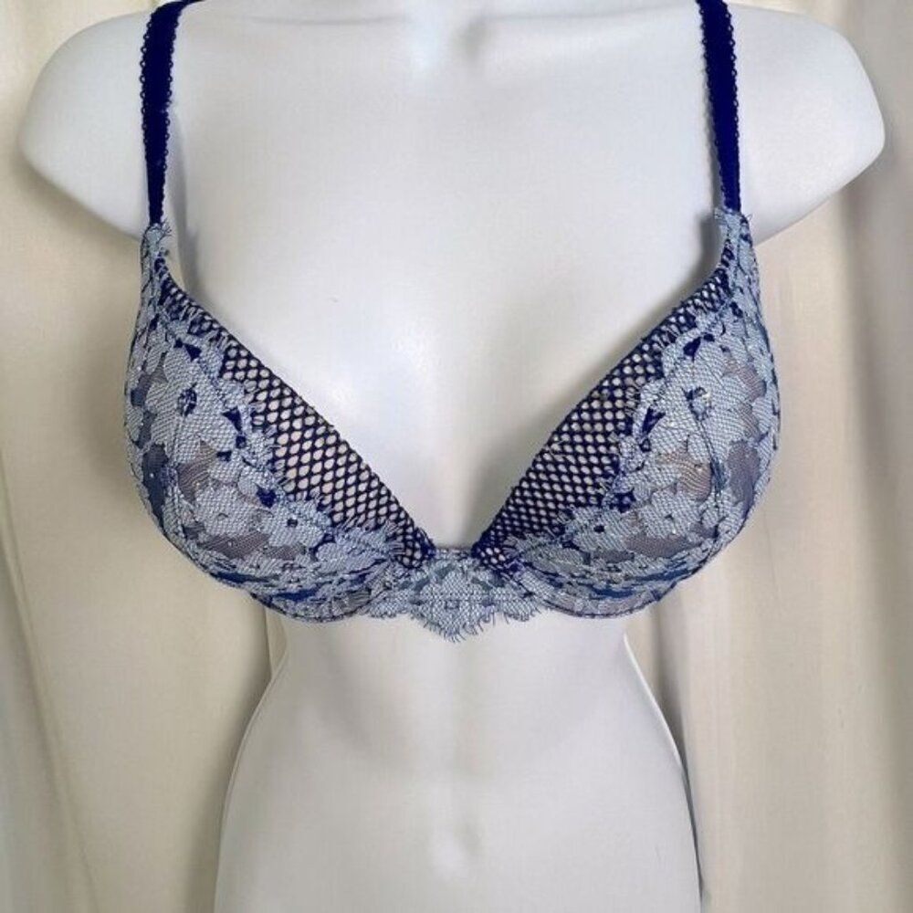 VICTORIAS SECRET DREAM ANGELS LACE BRA SIZE 34D 2 TONE BLUE
